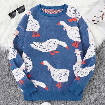 Mens Long Sleeve Cartoon Goose Pattern Crew Neck Sweater - Soft Slight Stretch Polyester Fabric, Regular Fit, Hand Washable - Perfect for Casual Daily Wear in Spring and Fall