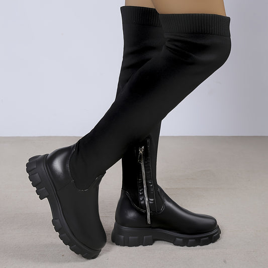 Fashionable Low Heel Platform Boots for Women - Comfortable Over-The-Knee Solid Color Boots with Easy Zip Closure