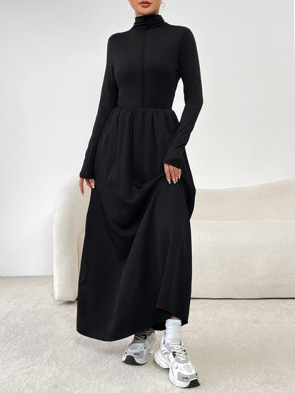 Stunning Cinched Waist Maxi Dress - Elegant Long Sleeve, A-Line Silhouette, Mock Neck Design, Perfect for Spring & Fall, Women's Clothing for Chic Occasions