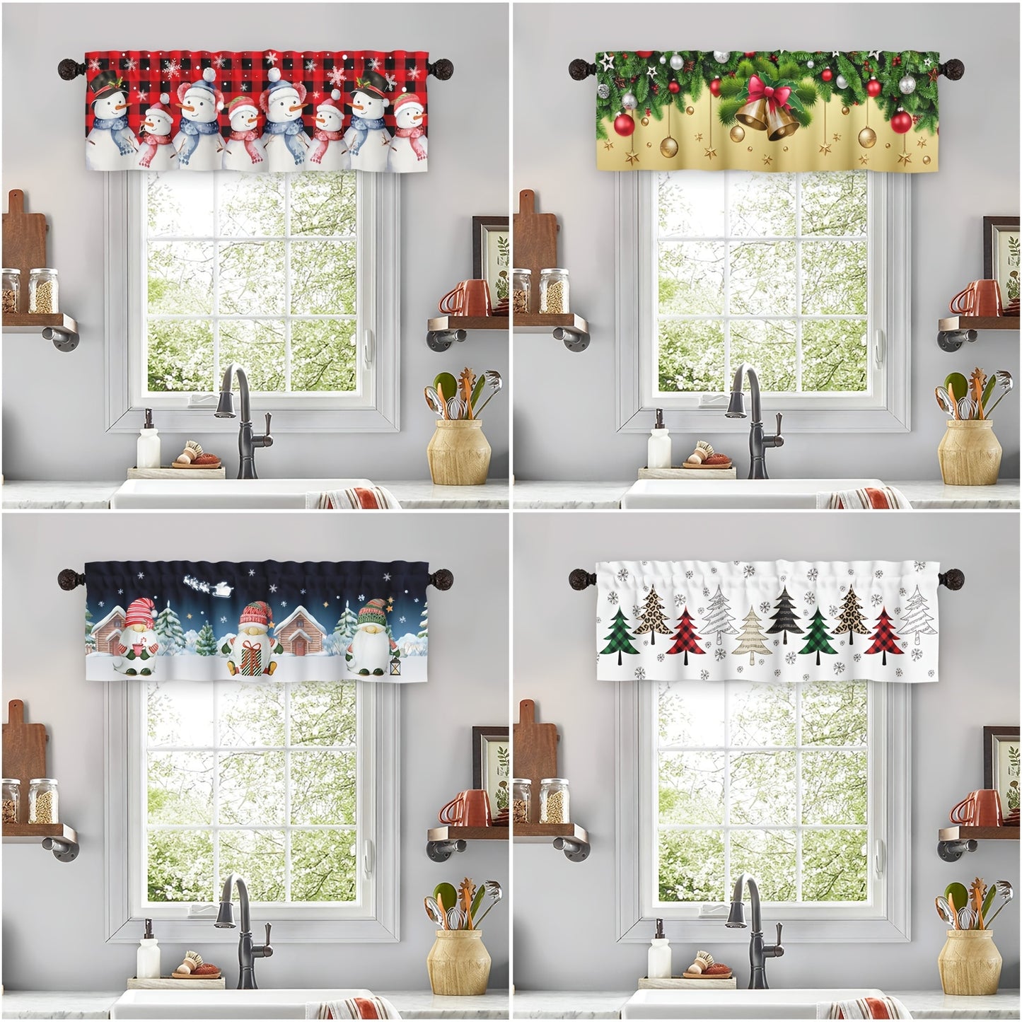 1pc Golden Santa Claus Snowman Christmas Tree Printed Curtain, Window Treatment For Kitchen Study Room Office Living Room Home Decor