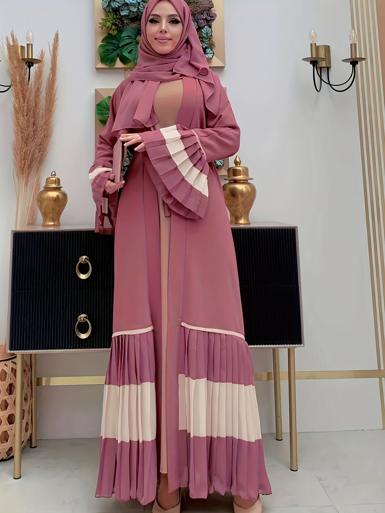 Elegant Long Sleeve Maxi Abaya Dress - Soft Polyester Fabric, Micro Elasticity, Machine Washable, Solid Color, Spring/Summer/Fall Wear, Frill Details - Womens Elegant Clothing for Special Occasions