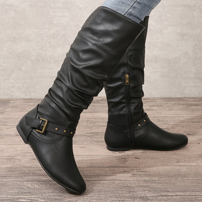 Retro Chic Pleated Knee-High Women's Boots with Buckle Detail, Comfortable Flat Heel & Easy Zip Closure, Versatile Western Style