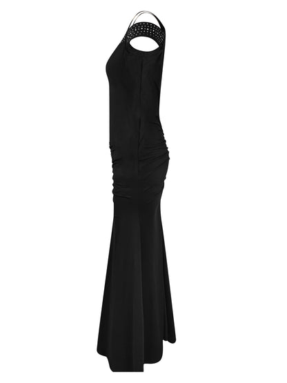 Strapless Cold Shoulder Rhinestone Bodycon Bridesmaid Dress - Elegant, Mid-Elastic Polyester Fabric, Solid Color, Casual Style, Perfect for Wedding Party, Evening, Occasion, Engagement, Ceremony