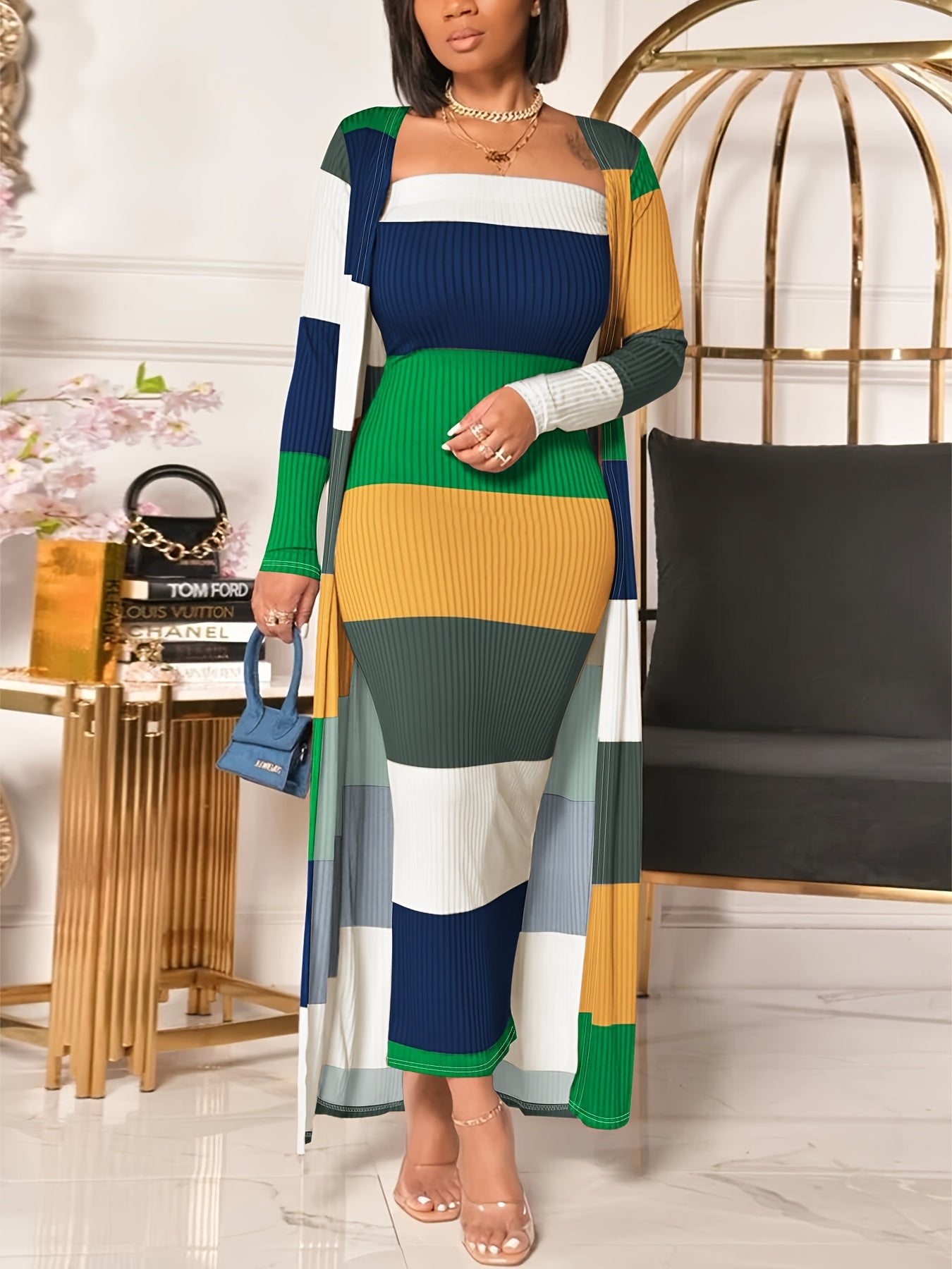 Striking Stripe Print Two-Piece Dress Ensemble - Sleeveless Tube Dress & Chic Long Sleeve Open Front Cardigan Outfit - A Fashion-Forward Must-Have for Womens Closet