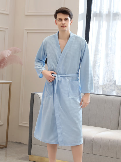 Men's Cozy Waffle-Knit V-Neck Robe with Pockets - Solid Color, Belted Kimono Style Sleepwear Set