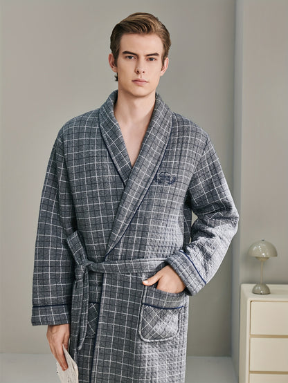 FARO Men's Winter Sleepwear Set: Cozy Cotton V-Neck Bathrobe with Letter Embroidery and Long Sleeves