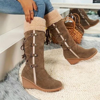 Stylish Plush Lined Wedge Heeled Boots - Knee-High Comfortable Dress Boots with Slip-On Design and Soft Inners for Women - Perfect for Casual and Formal Occasions