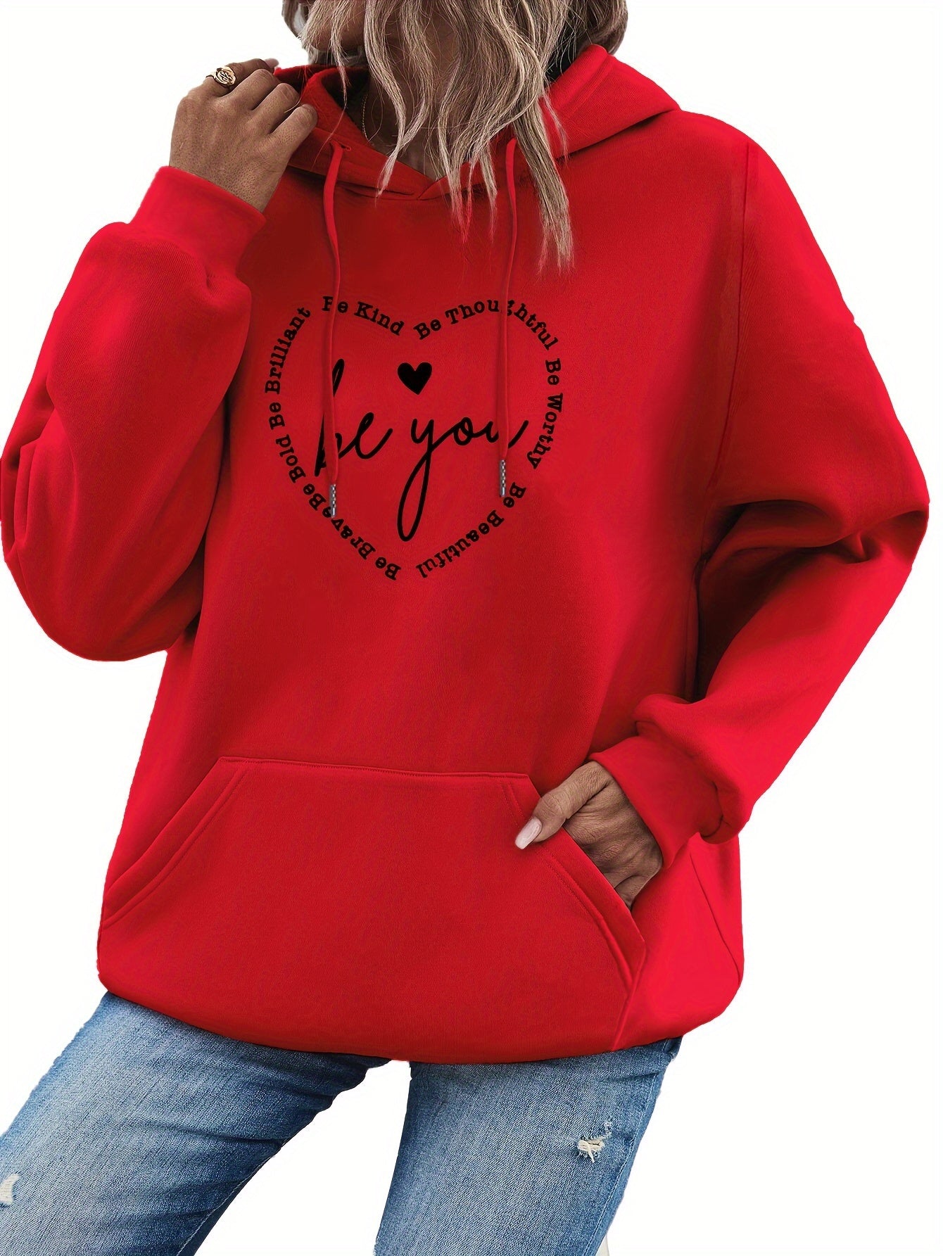 Heart & Letter Print Drawstring Hoodie - Cozy Casual Long Sleeve Hooded Sweatshirt with Adjustable Drawstring, Soft Brushed Fabric, and Relaxed Fit - Women's Comfortable Clothing for Daily Wear