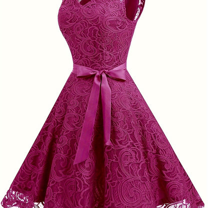 IKEARLAX Charming Lace V-Neck Bridesmaid Dress - Adjustable Tie Waist, Flowy Sleeveless Swing Style - Premium Evening Wear for Women