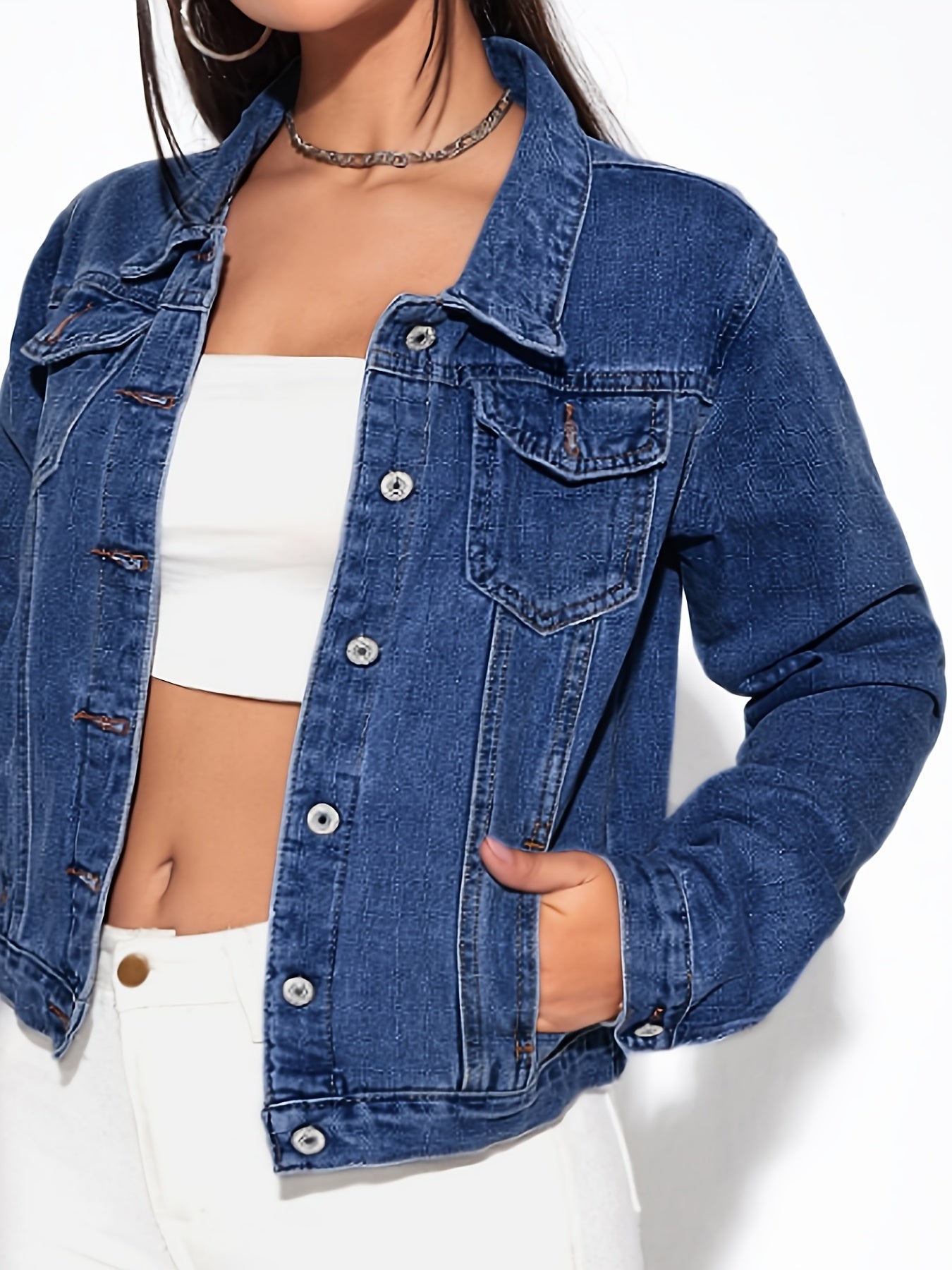 Chic & Versatile Blue Denim Jacket - Easy-Care, Soft Woven, with Flap Pockets, Perfect for Spring/Fall Casual Wear