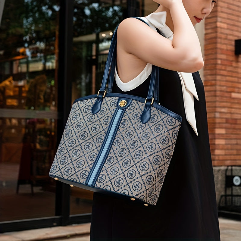 Casual Canvas Tote Bag with Embroidered Pattern, Blue Zippered Shoulder Bag with Fixed Straps, Polyester Lined Sling Bag from Guangzhou - Do Not Wash