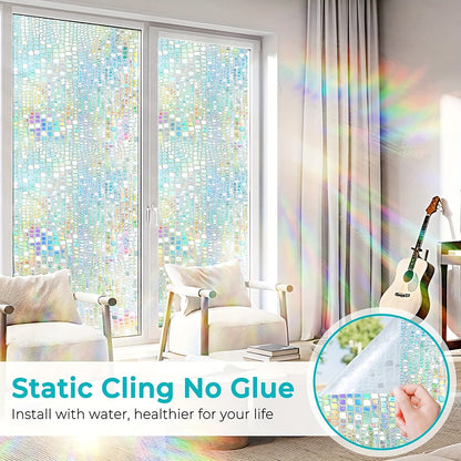 1PC Privacy Window Film Stained Glass Rainbow Clings Window Tint Sun Blocking 3D Decorative Static Window Sticker For Home Bathroom Living Room Decor