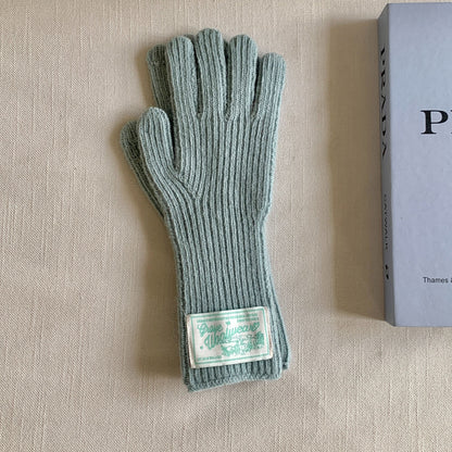 Elegant Solid Color Knit Gloves for Women - Warm, Touchscreen-Compatible with Label Detail, Perfect for Autumn & Winter