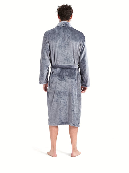 Men's Plush Flannel V-Neck Robe - All-Season Comfort, Stretch Fit, Solid Color, Sizes S-XXL