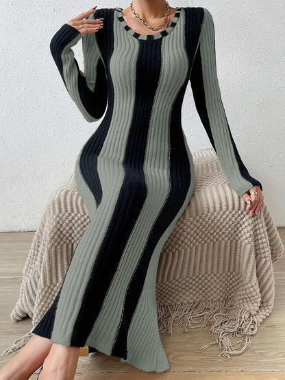 Vibrant Striped V-Neck Midi Dress - Elegant Long Sleeve, Bodycon Sheath Design, Comfortable Spring & Fall Essential, Women's Formal Clothing for Work, Date Night or Special Occasions