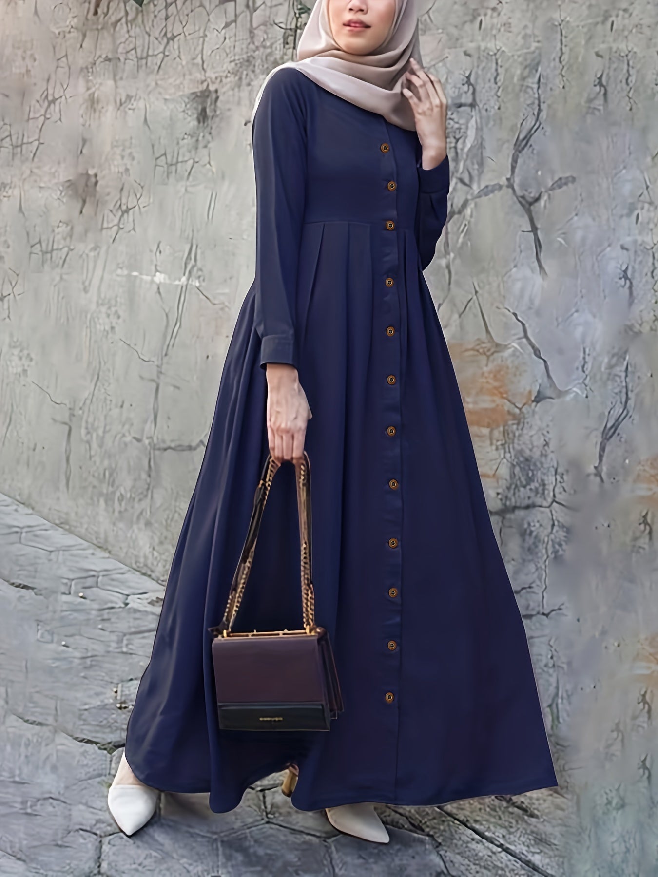 Elegant Puff Sleeve Maxi Dress - Ruched Button Detail - Versatile for Ramadan & Special Occasions - Women's Fashion