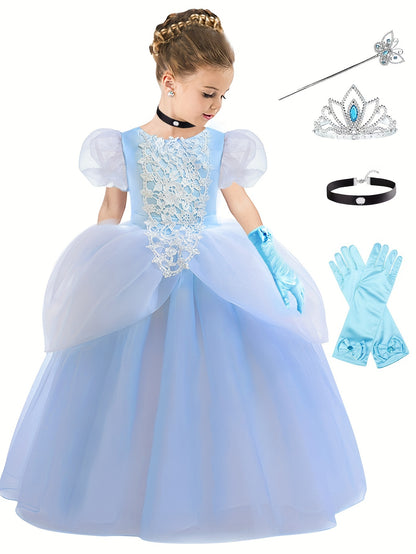 Charming Puff-Sleeve Princess Dress & Party Accessories Set - Perfect Gift for Girls' Birthdays & Performances