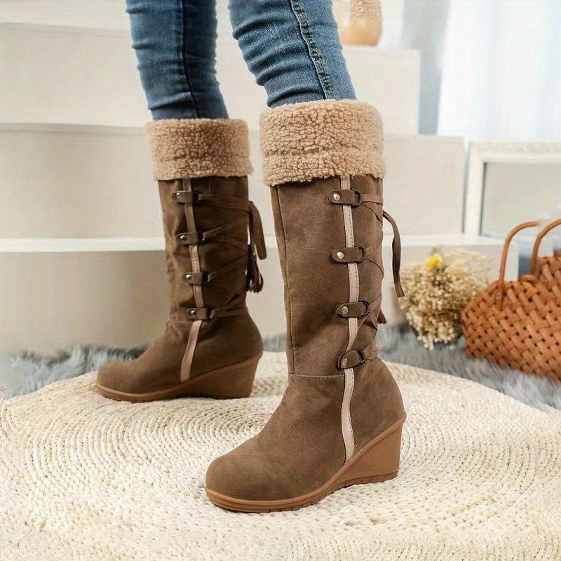 Stylish Plush Lined Wedge Heeled Boots - Knee-High Comfortable Dress Boots with Slip-On Design and Soft Inners for Women - Perfect for Casual and Formal Occasions