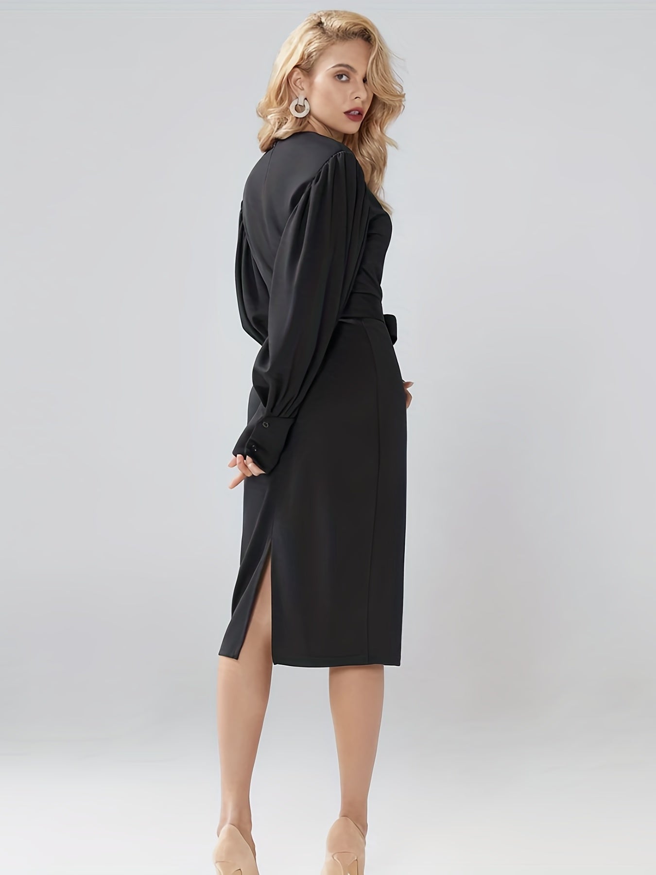 Chic Womens Solid Split Lantern Dress - Flattering Long Sleeves & Crew Neck - Perfect for Any Occasion - Premium Quality Everyday Wear