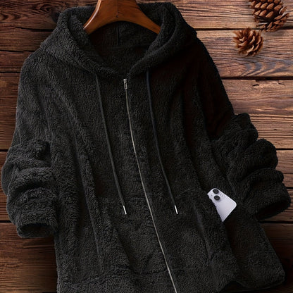 Cozy Winter Zip-Up Hoodie with Drawstring, Stretch Casual Coat with Slant Pockets - Women's Solid Color Outerwear