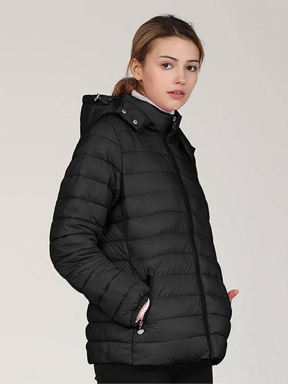 Cozy Fit Puffy Zip-Up Hoodie Coat - Cotton-Padded Jacket with Long Sleeves, Slant Pockets, Insulation for Fall & Winter - Women's Casual Outerwear for Cold Weather