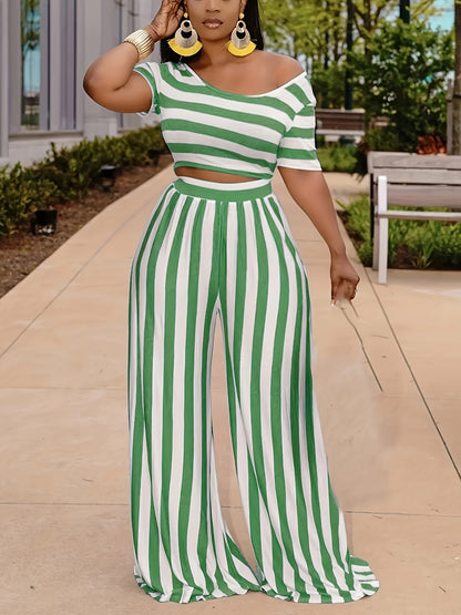 Two-Piece Striped Crop Top and Wide Leg Pants Set - Soft Mid-Elasticity Polyester Fabric, Scoop Neck, Short Sleeve, Random Printed, Casual Outfit for Spring/Summer