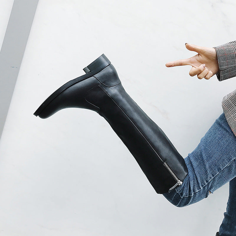 40414243 Large Size Shoes Knight Boots Winter below the Knee High Leg Boot HOTan and NEWn Foreign Trade Boots Chunky Heel Women's Genuine Leather Boots