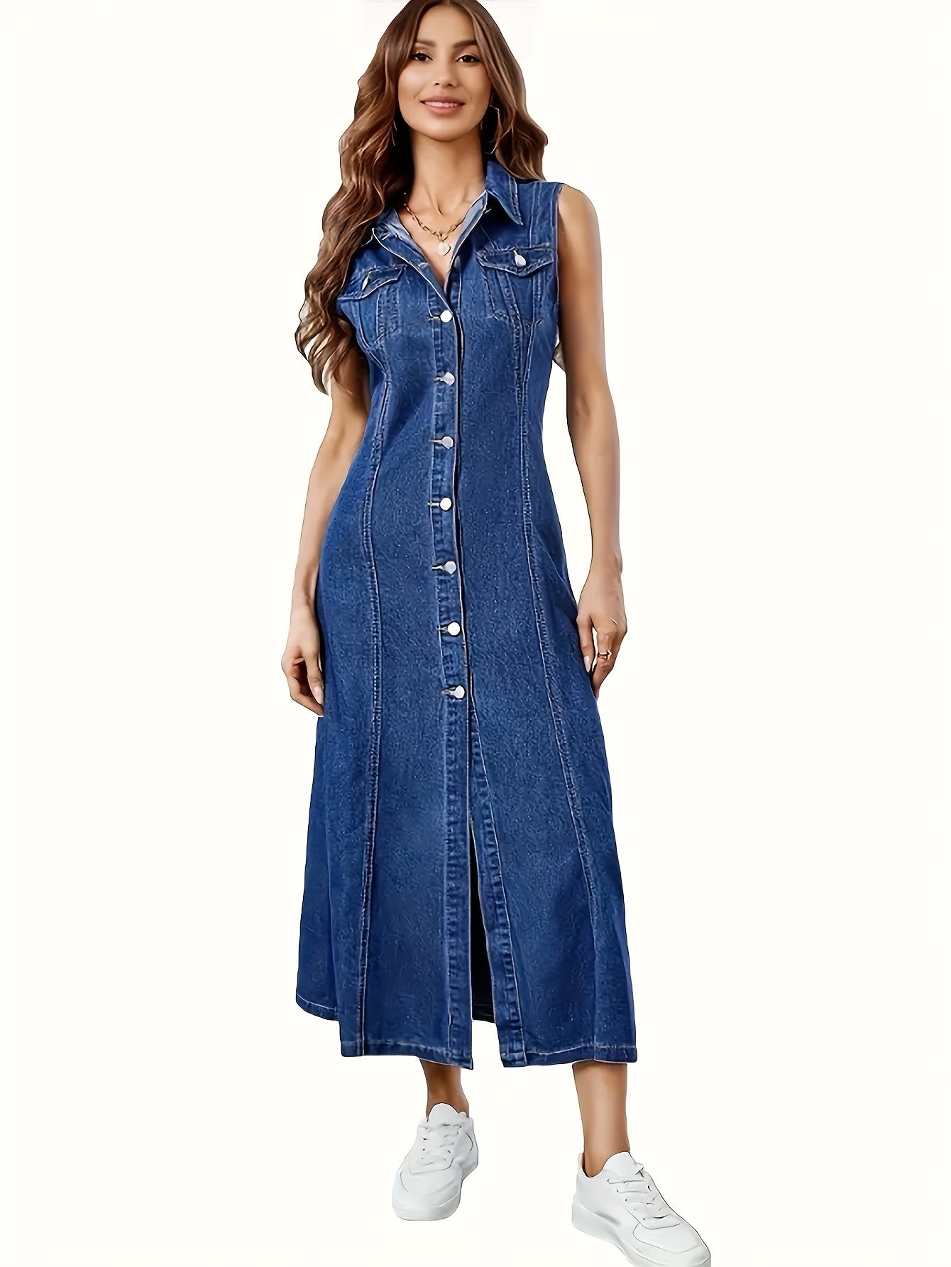 Plain Dark Washed Blue Single-breasted Sleeveless Maxi Denim Dress, Women's Denim Jeans & Clothing