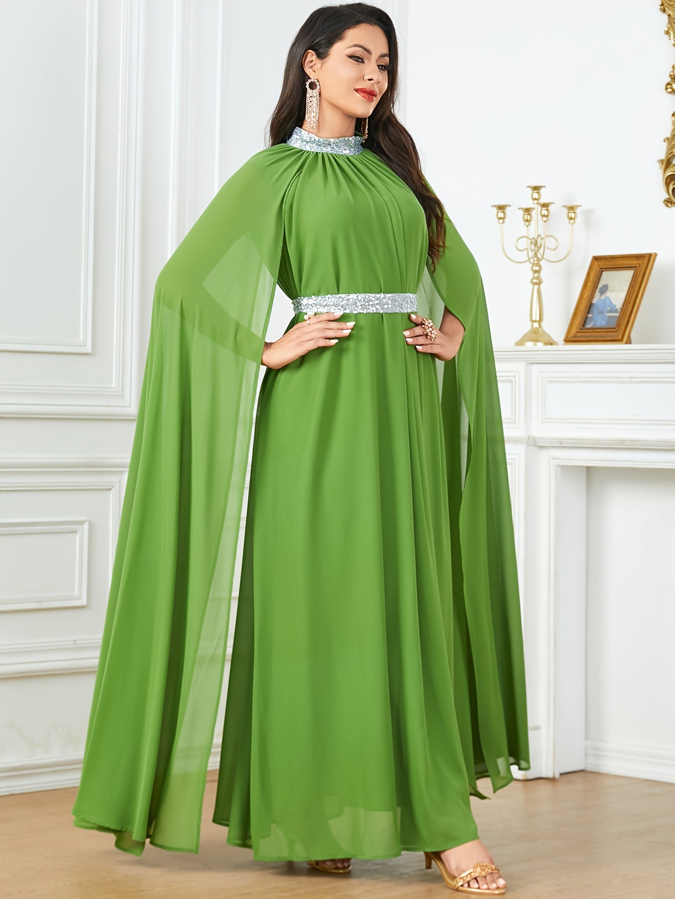 Long Sleeve Crew Neck Maxi Abaya Dress - Elegant Solid Color Block Design, Split Sleeve, Contrast Sequin Details, Non-Stretch Polyester Fabric, Belted, Middle East Style, Ideal for All Seasons