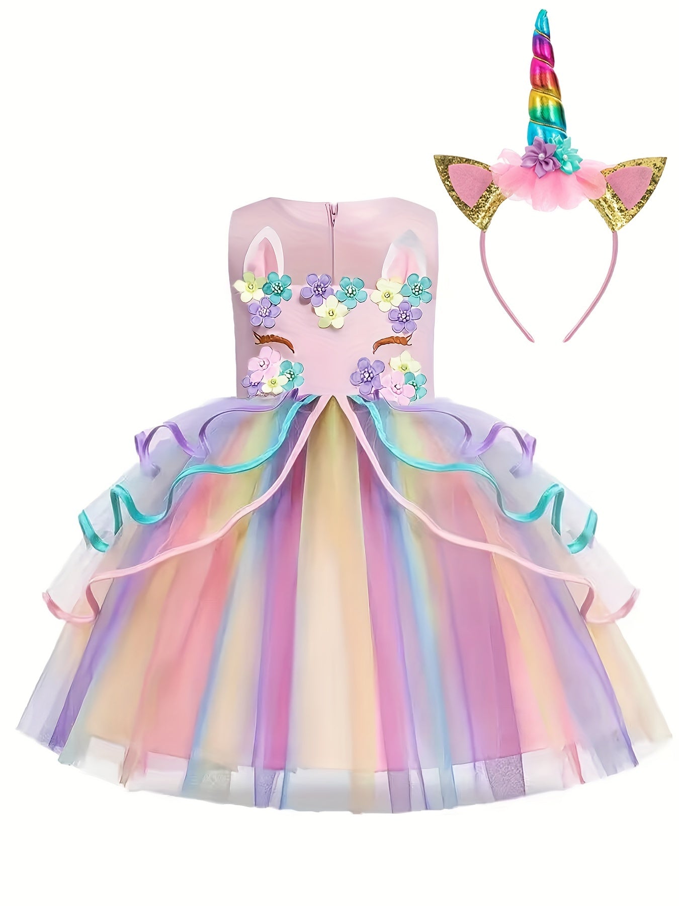 Girls Unicorn Princess Dress Cute Unicorn Floral Print Mesh Princess Dress Tulle Dresses (with Headgear)