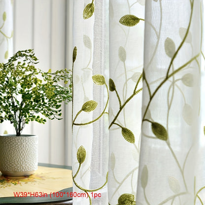 1pc Green Leaf Embroidered Sheer Curtain - Breathable Rustic Voile Panel for Bedroom, Kitchen, Balcony, Living Room, and Home Decoration with Elegant Embroidery Design