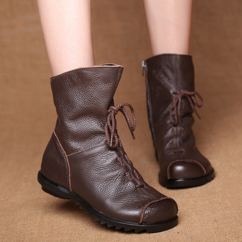 Popular Retro Original Leather Short Boots Warm Leather Boots Autumn and Winter New Low Heel Women's Boots Martin Boots Women One Piece Dropshipping