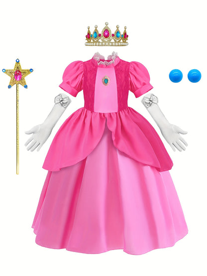 Girl's Princess Dress With Accessories Set, Puff Sleeve Lace Embroidery Decor, Halloween Holiday Party Prom Birthday Cosplay Performance Costume, Kids Clothes mardi gras