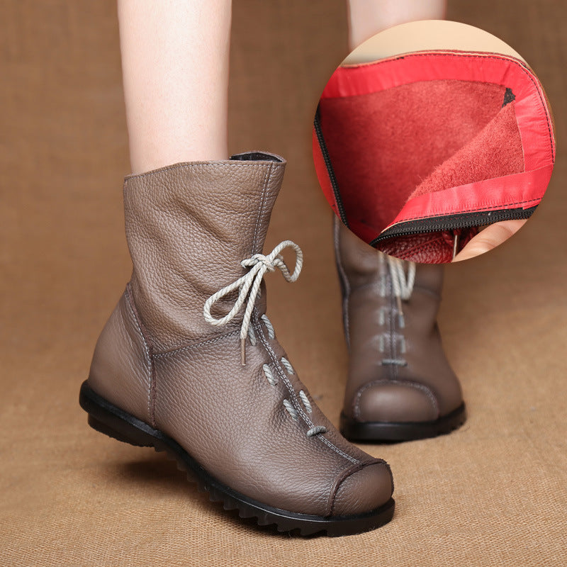 Popular Retro Original Leather Short Boots Warm Leather Boots Autumn and Winter New Low Heel Women's Boots Martin Boots Women One Piece Dropshipping