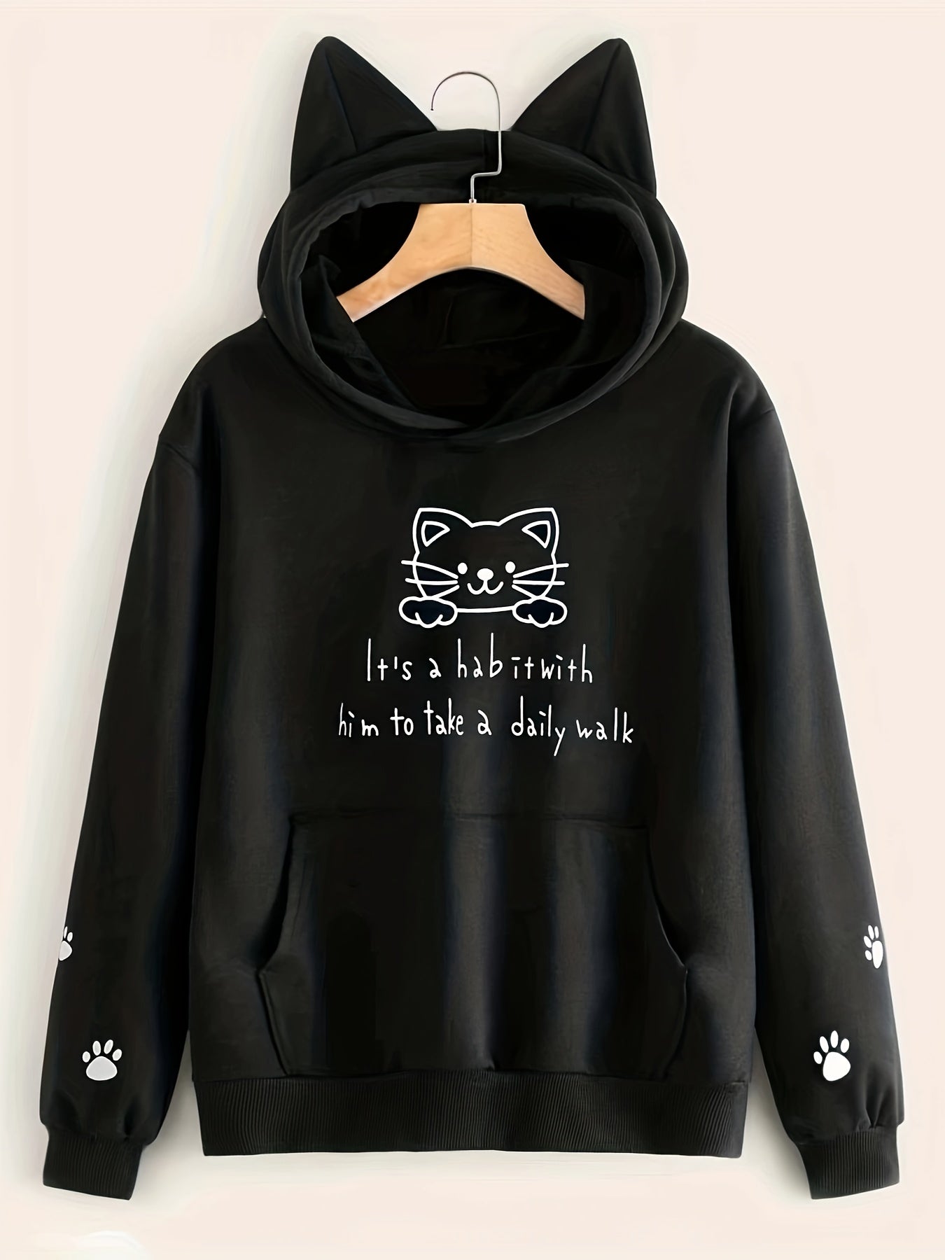 Cute Cat & Letter Print Hoodie, Casual Long Sleeve Kangaroo Pocket Hoodies Sweatshirt, Women's Clothing