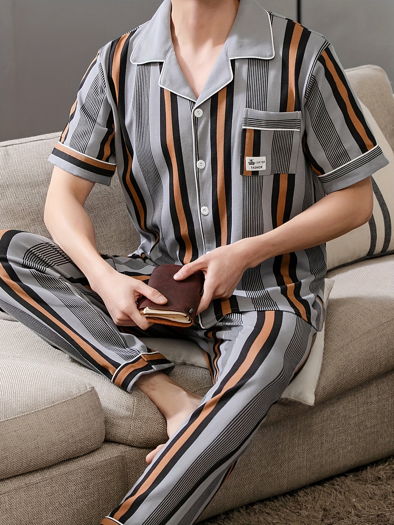 Large Size 2 Pcs Men's Cotton Stripe Print Short Sleeve & Trousers Pajama Set, Comfortable & Skin-friendly Style Pajamas For Men's Cozy Loungewear