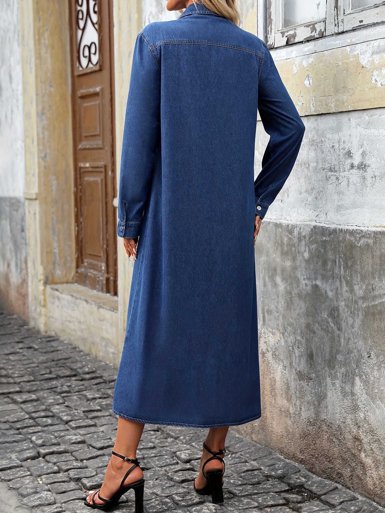 Elegant Solid Denim Dress For Fall & Winter, Long Sleeve Buttons Lapel Collar Maxi Dress, Women's Clothing