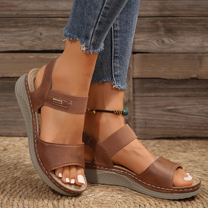 Mid Heel Womens Wedge Sandals - Soft, Lightweight, Slip-On, Open Toe, Polyurethane PU Faux Leather Upper, Insole, and Sole, Perfect for Casual Outdoor Summer Wear - All-Season, Solid Color, Comfortable Slingback Shoes