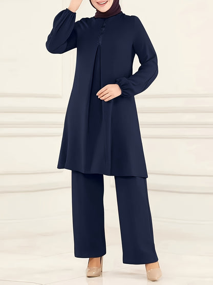 Chic Ramadan Two-Piece Set - Long Sleeve Top & Straight Leg Pants, Womens Modest Fashion Outfits