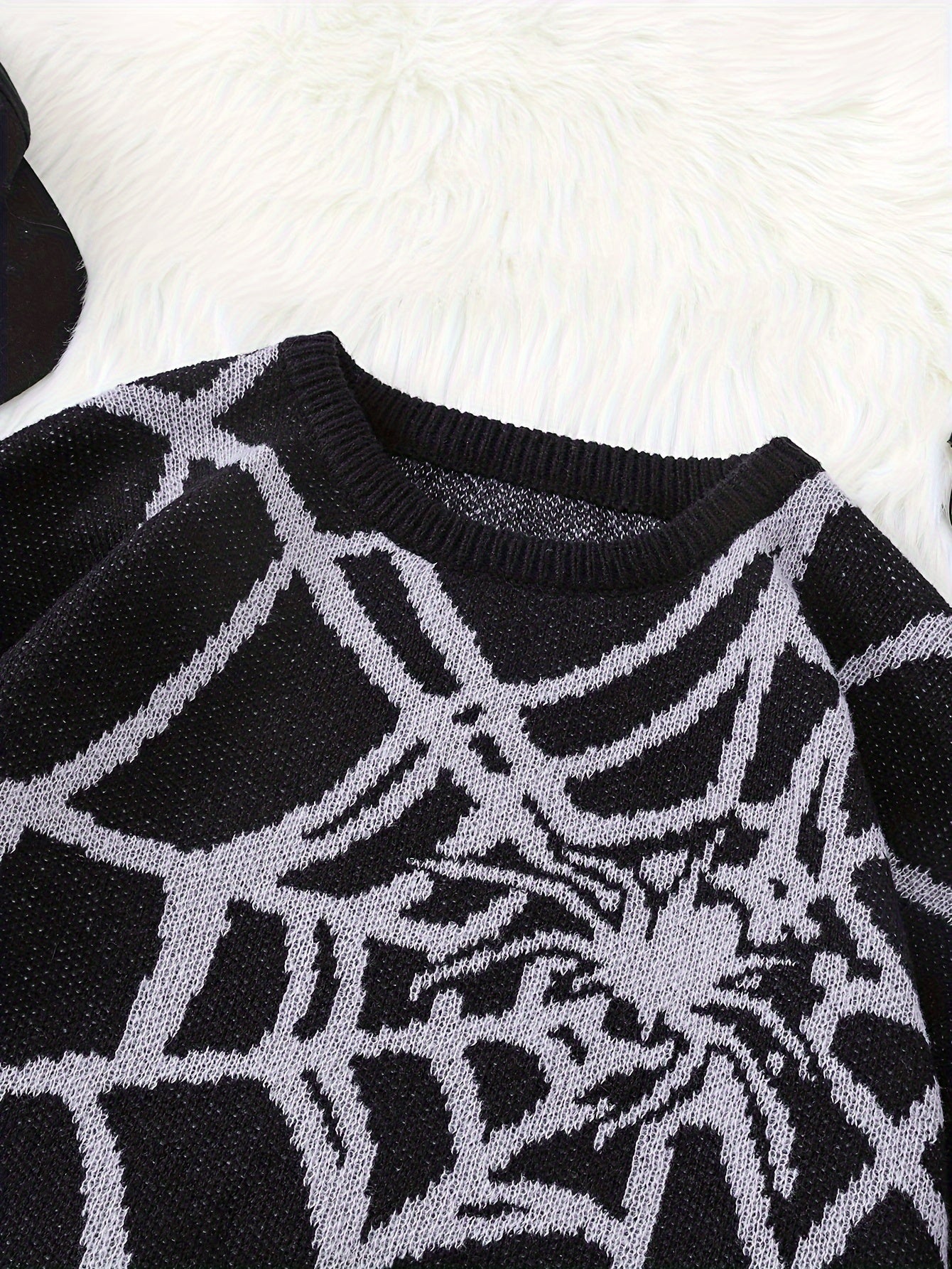 Stylish Spider Web Pattern Crew Neck Sweater - Men's Long Sleeve Knitted Pullover Top for Casual Daily Wear, Spring Autumn and Winter - Soft, Warm, and Comfortable