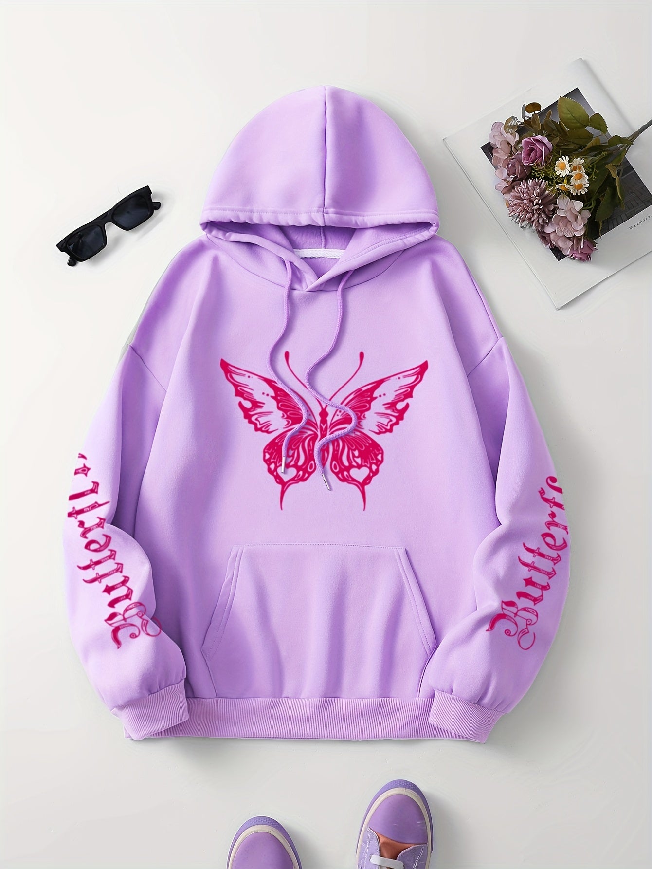 Chic Butterfly & Letter Graphic Hoodie - Comfy Drawstring Design with Kangaroo Pocket, Versatile Casual Wear for Women