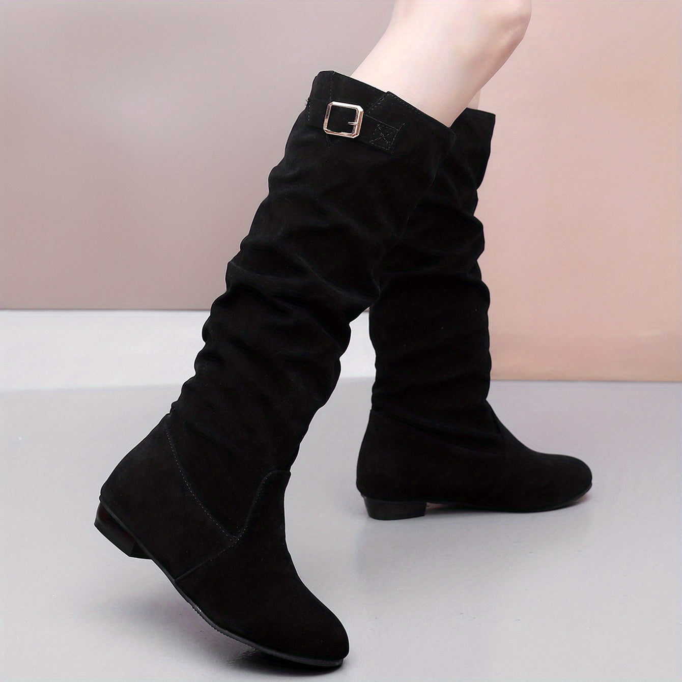 Chic Womens Slouch Knee High Boots with Buckle Accent - Height Enhancing, Versatile for Riding & Style - Timeless Long Boots