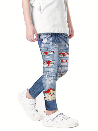 Santa Claus Graphic Ripped Effect Leggings Faux Denim print Pants Girls Kids Clothes Gift Halloween Christmas