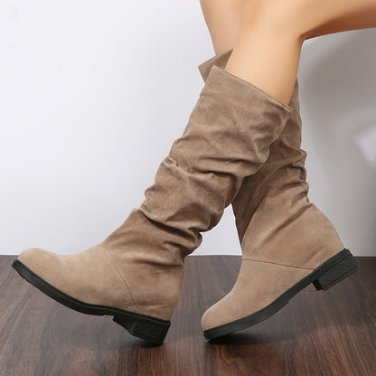 Comfy Chic Mid-Calf Boots - Knee-High Shoes for Women with Slip-On Design, Heightening, Solid Color, Winter Casual Style, and Soft Insoles for All-Day Comfort