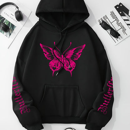 Chic Butterfly & Letter Graphic Hoodie - Comfy Drawstring Design with Kangaroo Pocket, Versatile Casual Wear for Women