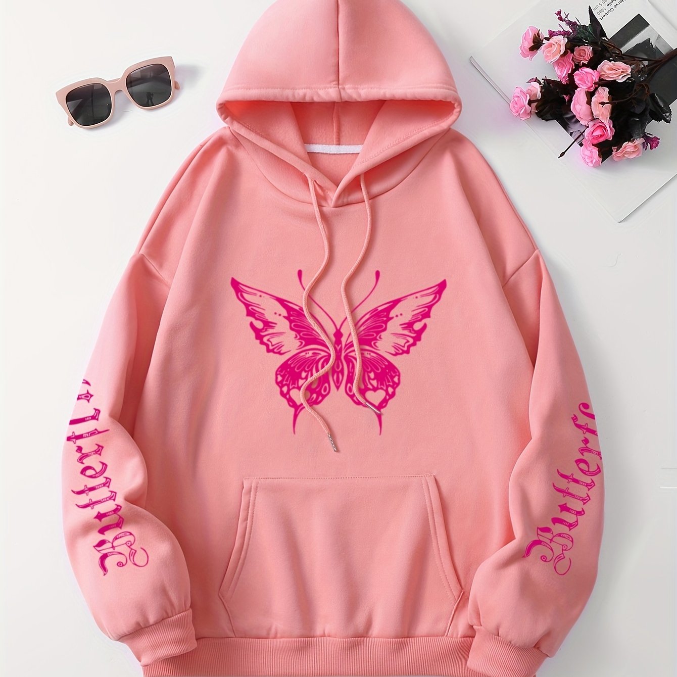 Chic Butterfly & Letter Graphic Hoodie - Comfy Drawstring Design with Kangaroo Pocket, Versatile Casual Wear for Women