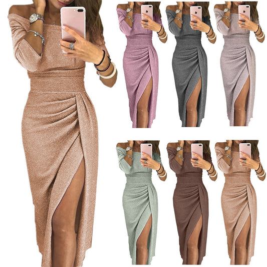 IKEARLAX  European and American  EBay Women's Sheath Slit off-Neck Dress Shiny Dress Dinner Dress