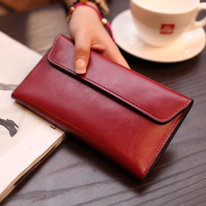 2024 New Hotan and Newn Famous Long Wallet Women's Leather Buckle Simple Business Cowhide Thin Wallet Card Fashion