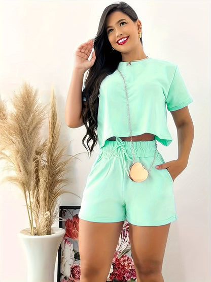 Womens Elegant Solid Color Casual Shorts Set - Crew Neck Short Sleeve Crop Top, Tie Waist Pants, Polyester Fabric, Regular Fit, Machine Washable - Perfect for Spring and Summer Outings