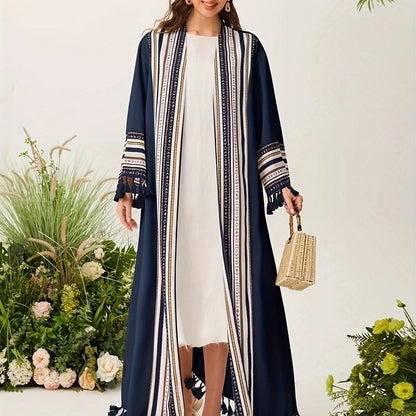 Luxurious Long Sleeve Abaya Robe - Elegant Tassel Hem, Polyester Fabric, Machine Washable, Solid Color, Middle East Style, Perfect for All Seasons - Womens Clothing